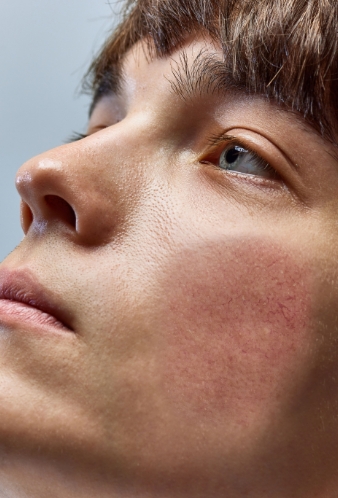 Nahaufnahme Gesicht mit Hautrötung für Kurzinfo bei Rosacea-Behandlung